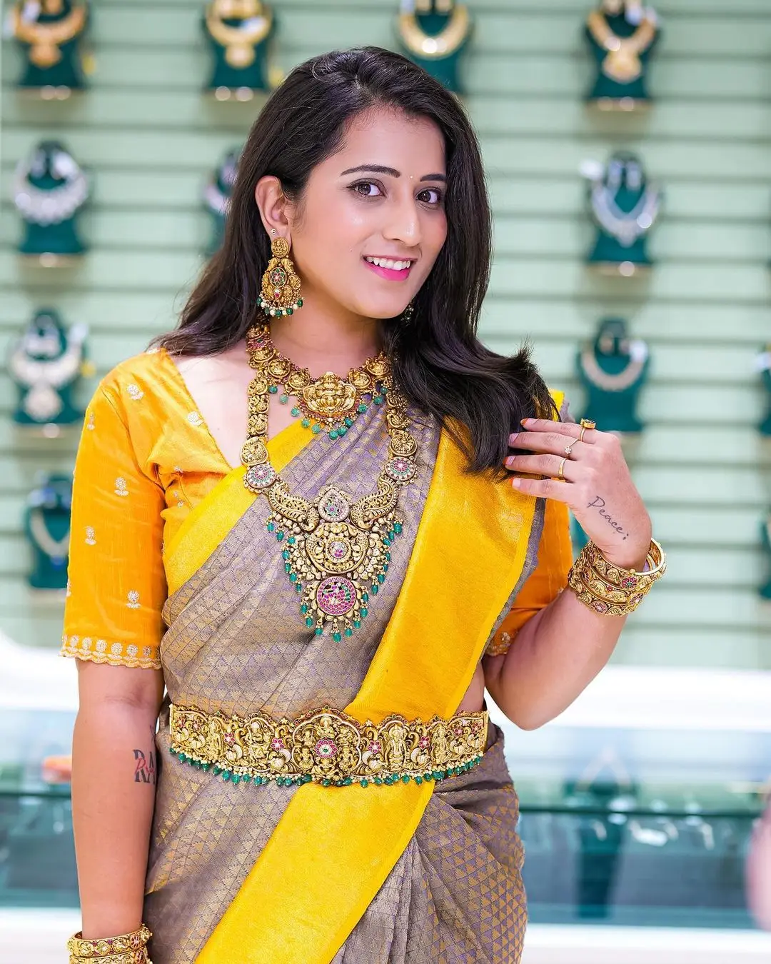 youtube actress viraajita in traditional blue saree yellow blouse